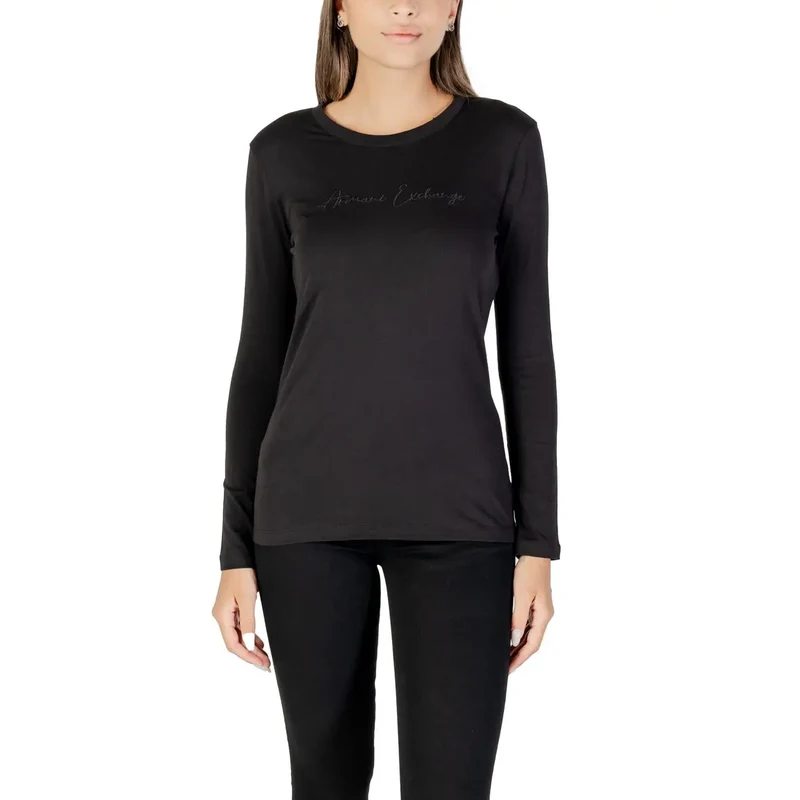 Armani Exchange Women Black Long Sleeve Round Neck Cotton T Shirt