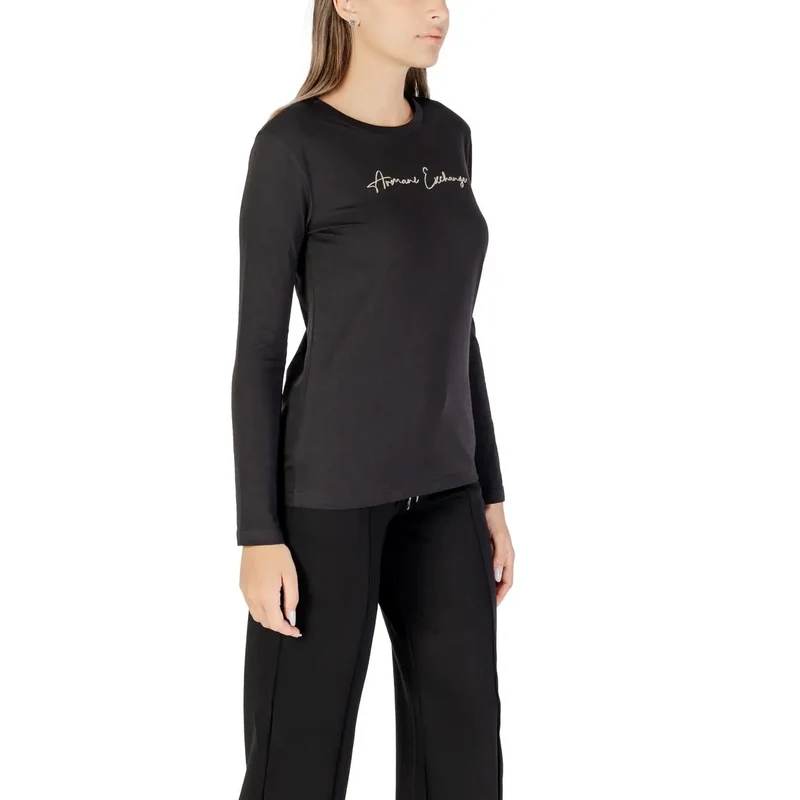 Armani Exchange Women Black Long Sleeve Round Neck Cotton T Shirt