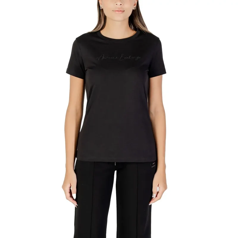 Armani Exchange Women Short Black Round Neck Cotton T Shirt Fall Winter