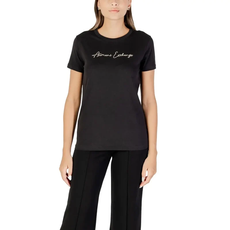 Armani Exchange Women Short Black Round Neck Cotton T Shirt Fall Winter