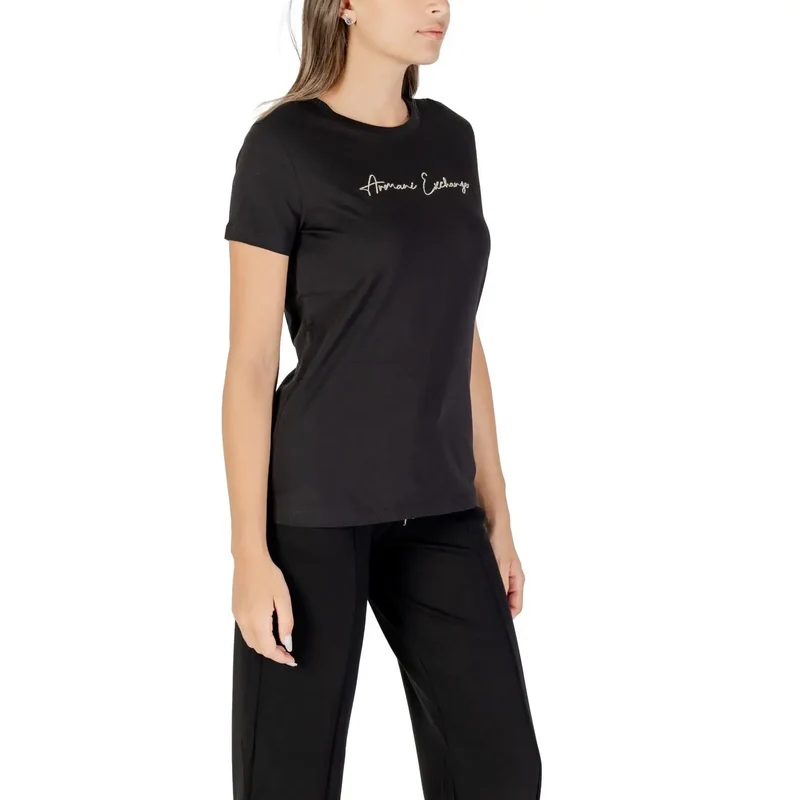 Armani Exchange Women Short Black Round Neck Cotton T Shirt Fall Winter