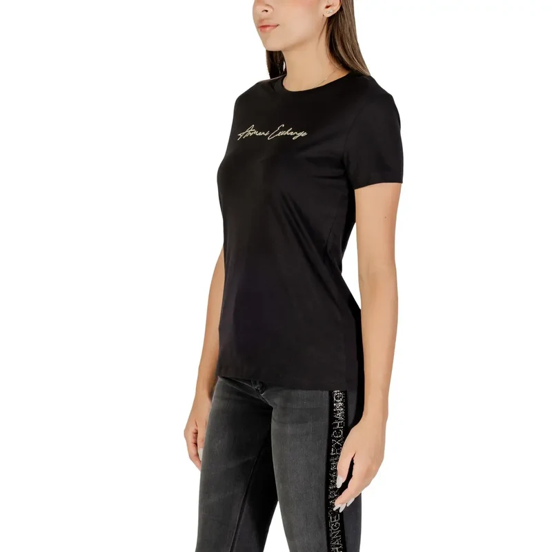 Armani Exchange Women Short Black Round Neck Cotton T Shirt Fall Winter
