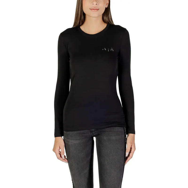 Armani Exchange Women Black Long Sleeve Round Neck T Shirt with Rhinestones (T-shirt à manches longues et col rond avec strass)