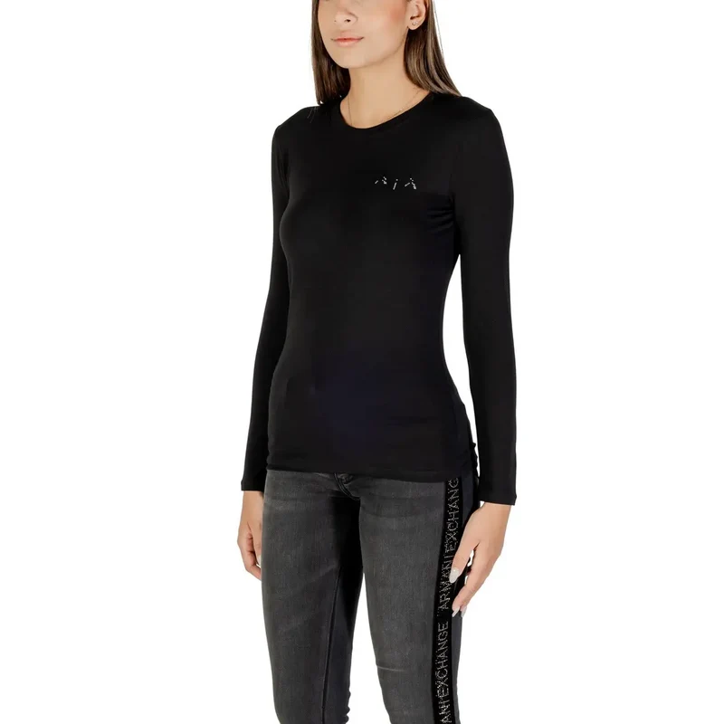 Armani Exchange Women Black Long Sleeve Round Neck T Shirt with Rhinestones (T-shirt à manches longues et col rond avec strass)