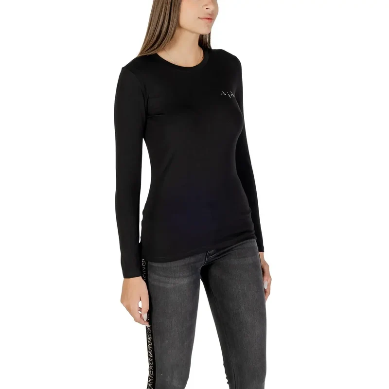 Armani Exchange Women Black Long Sleeve Round Neck T Shirt with Rhinestones (T-shirt à manches longues et col rond avec strass)