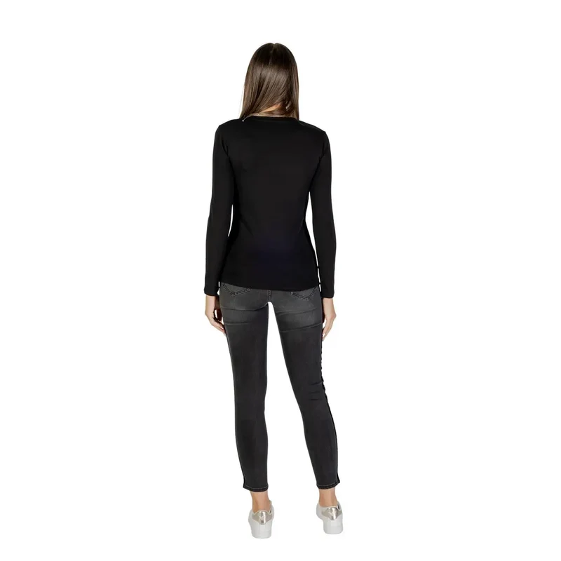 Armani Exchange Women Black Long Sleeve Round Neck T Shirt with Rhinestones (T-shirt à manches longues et col rond avec strass)