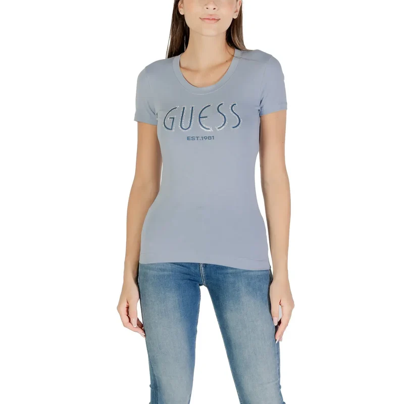 Guess Women Fall Winter Light Blue Printed Round Neck T Shirt
