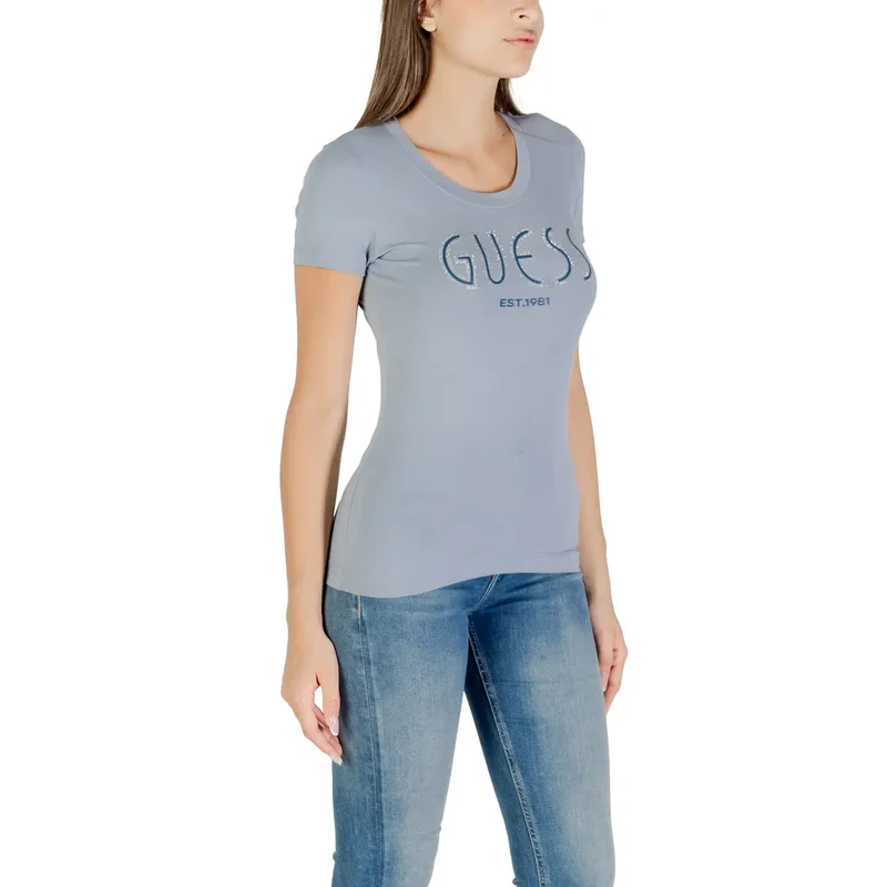 Guess Women Fall Winter Light Blue Printed Round Neck T Shirt