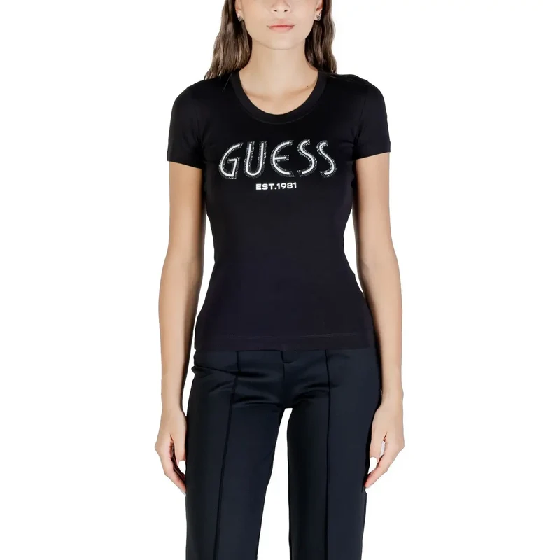 Guess Women Fall Winter Light Blue Printed Round Neck T Shirt