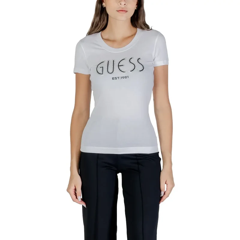 Guess Women Fall Winter Light Blue Printed Round Neck T Shirt