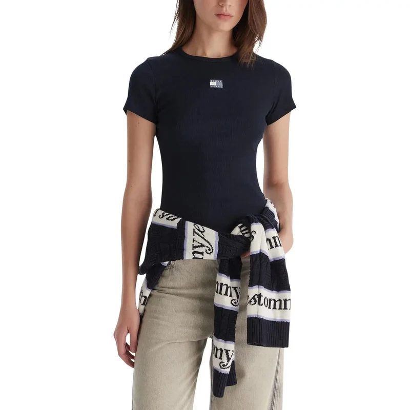Tommy Hilfiger Jeans Women Beige Short Sleeve Round Neck T Shirt Fall Winter