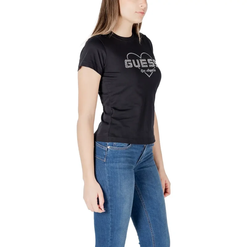 Guess Active Women Round Neck Black Rhinestone Tee