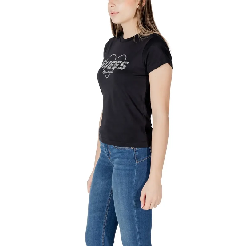 Guess Active Women Round Neck Black Rhinestone Tee