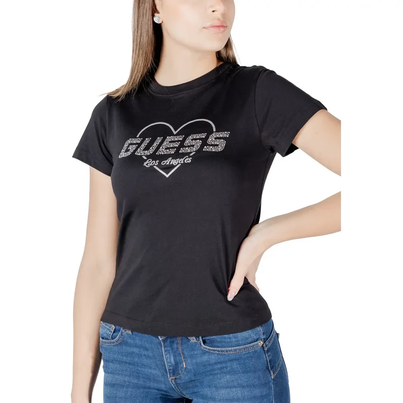 Guess Active Women Round Neck Black Rhinestone Tee