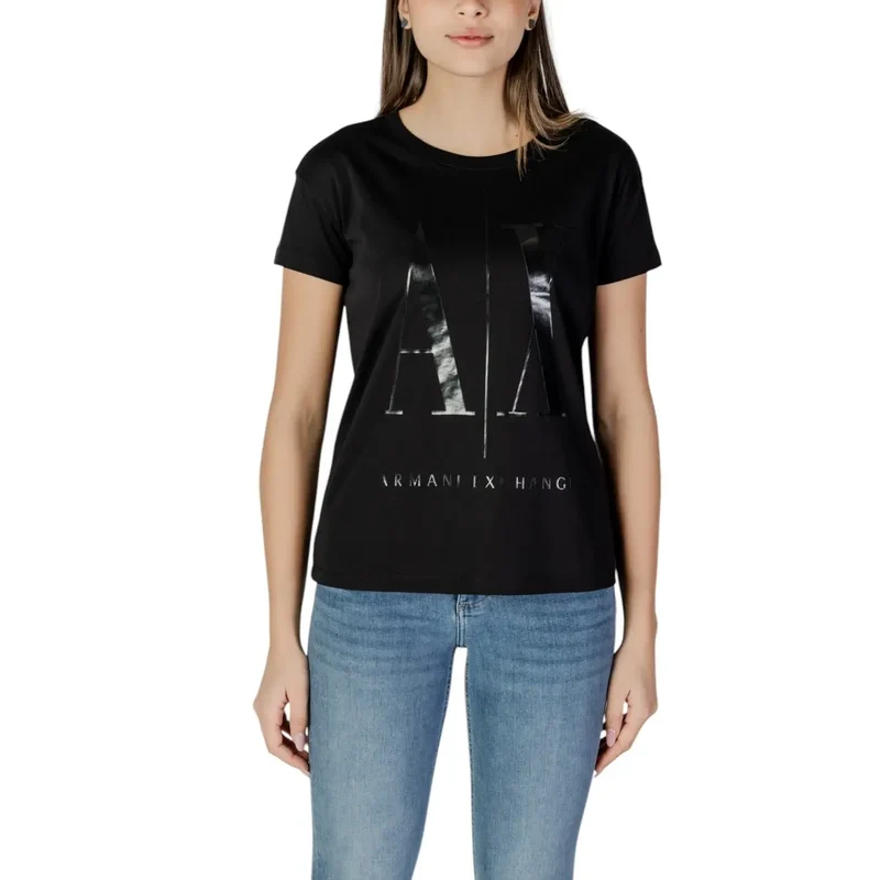 Armani Exchange Women Black Print Short Sleeve Round Neck T Shirt