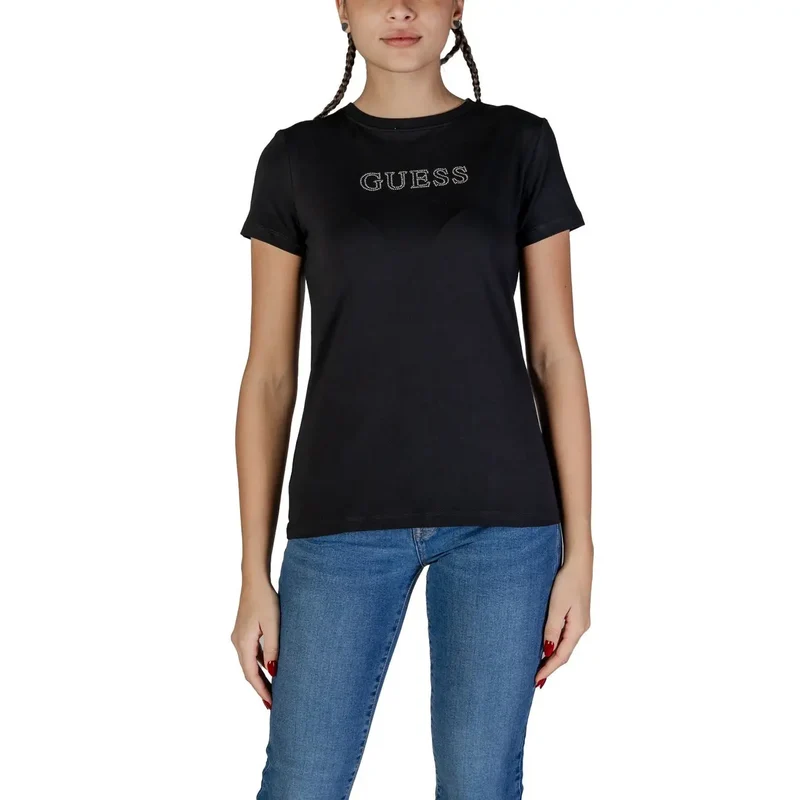 Guess Active Women Spring Summer Rhinestone Round Neck T Shirt Black