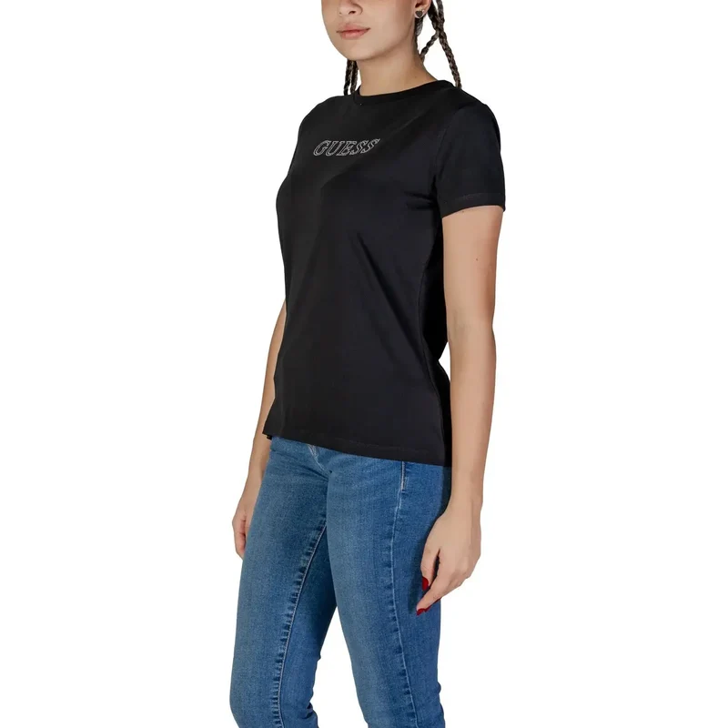 Guess Active Women Spring Summer Rhinestone Round Neck T Shirt Black