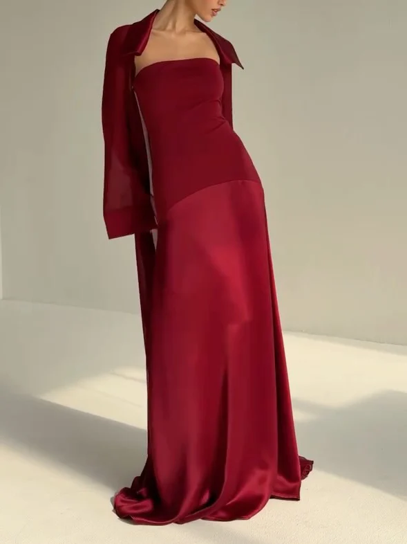 Elegant Satin Maxi Dress & Long Sheer Chiffon Cover-Up Two-Piece Set
