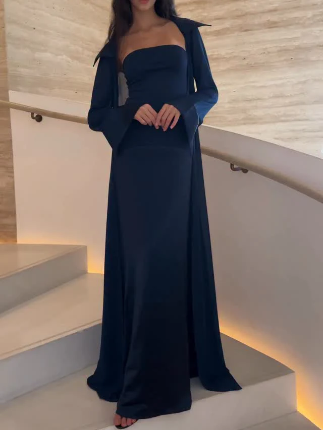 Elegant Satin Maxi Dress & Long Sheer Chiffon Cover-Up Two-Piece Set