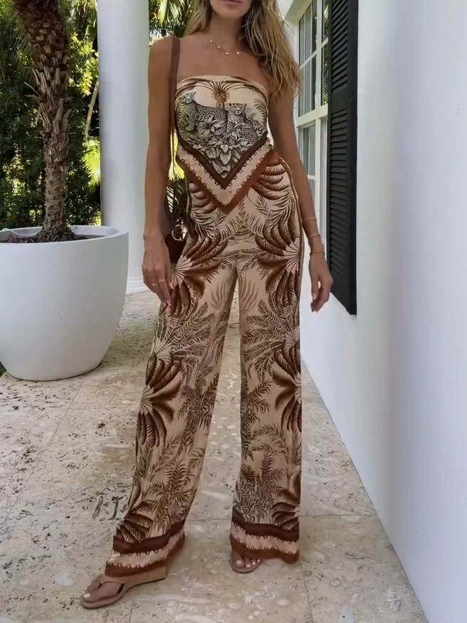 Retro Jungle Print Strapless Top & Wide-Leg Pants Two-Piece Set