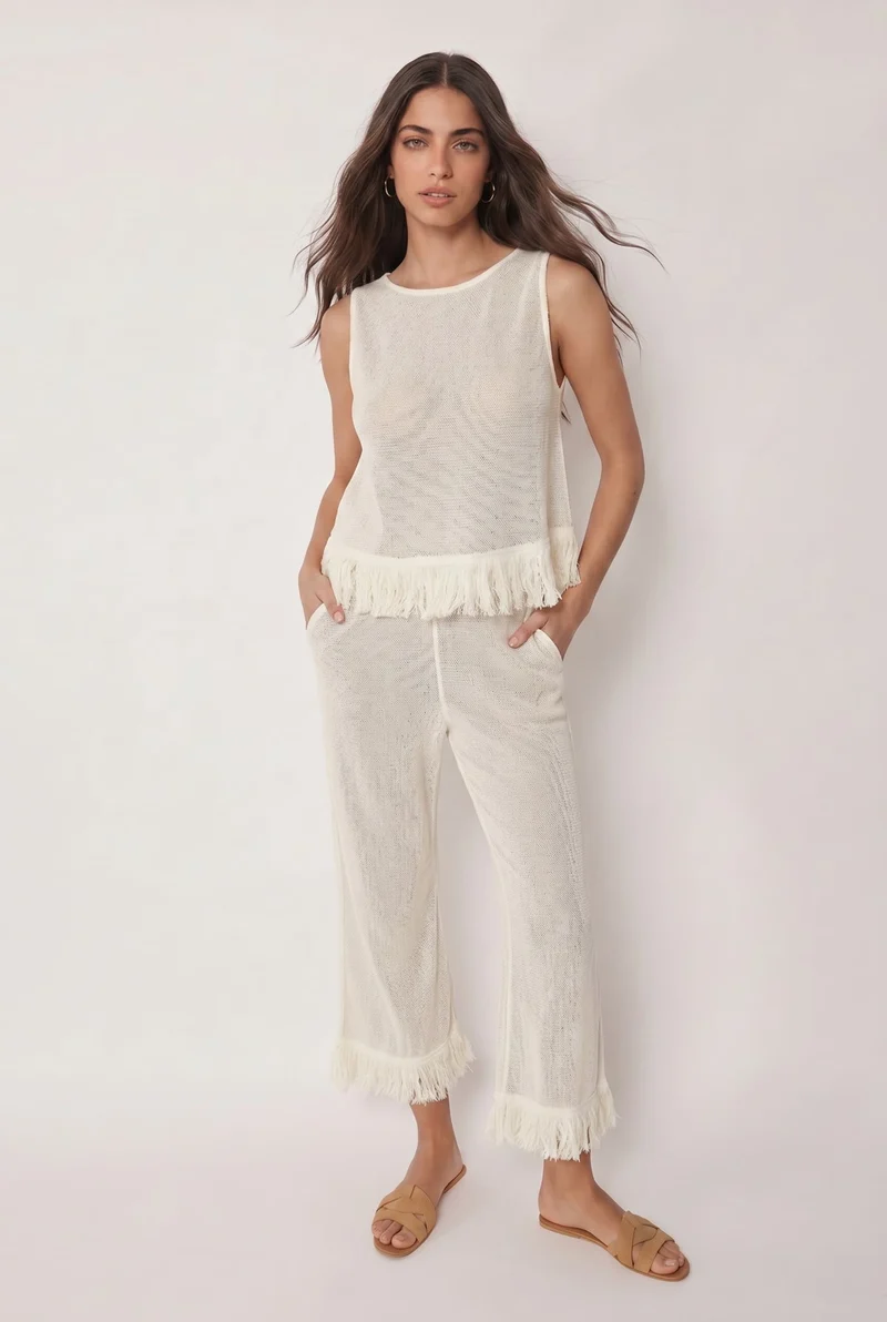 Mesh Tassel Top And Wide-leg Pants Set