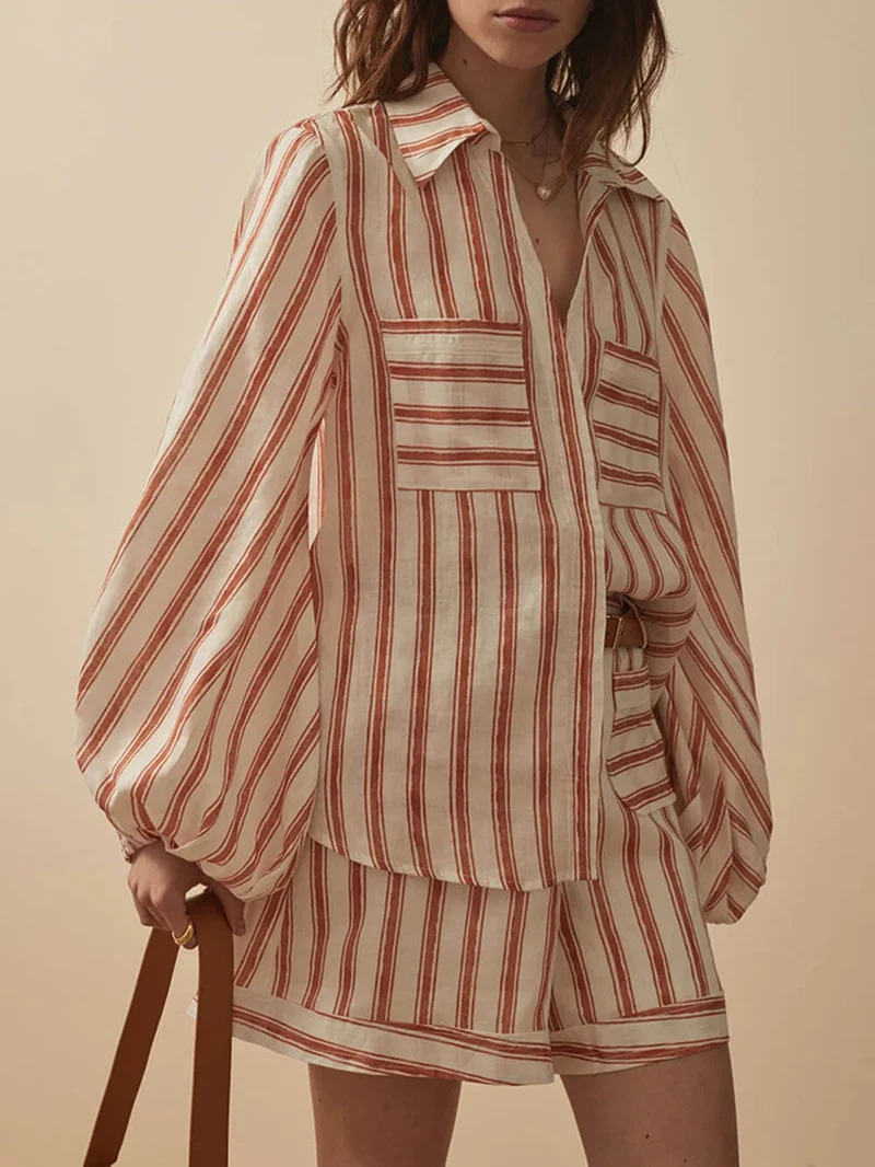 Classic Casual Striped Print Loose Shirt And Shorts Set