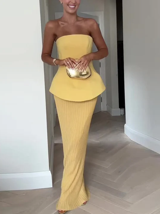 Elegant Tube Top High Waist Pleated Skirt Two Piece Set