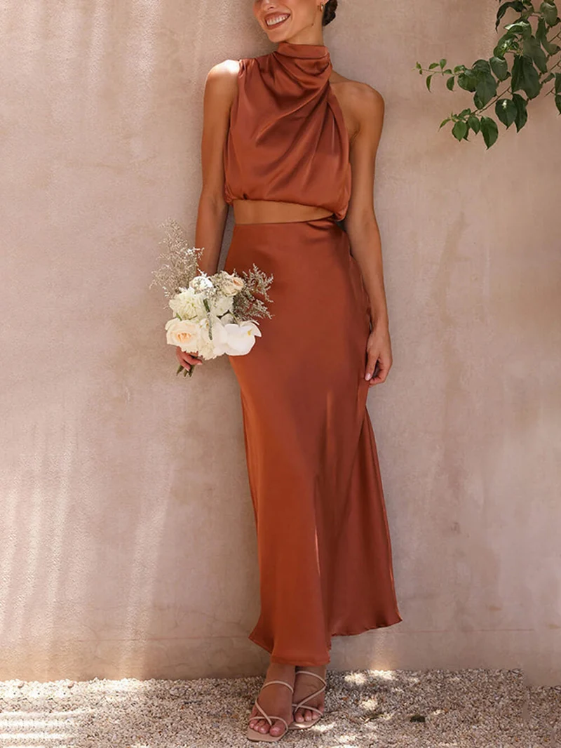 Elegant Such A Vibe High Neck Satin Drape Maxi Skirt Set