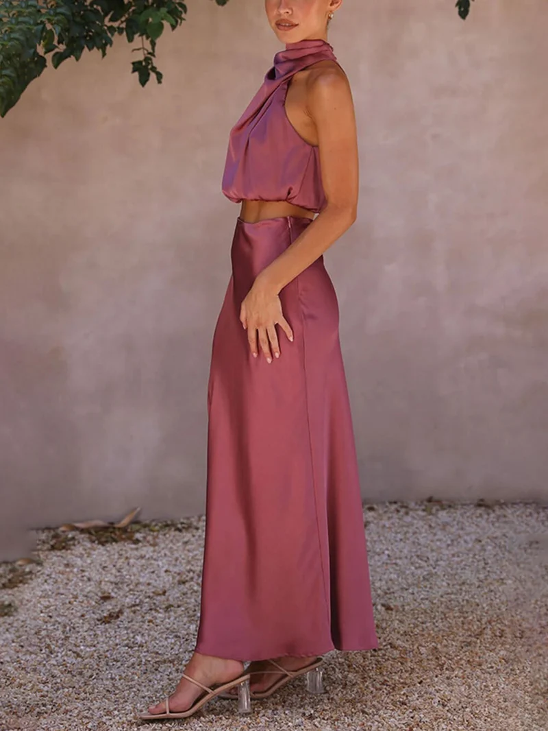 Elegant Such A Vibe High Neck Satin Drape Maxi Skirt Set