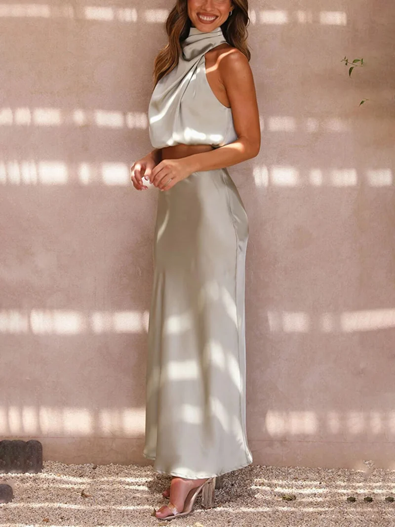 Elegant Such A Vibe High Neck Satin Drape Maxi Skirt Set