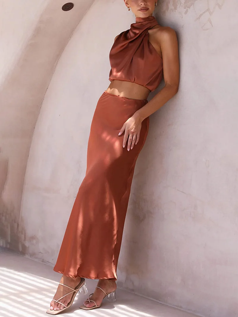 Elegant Such A Vibe High Neck Satin Drape Maxi Skirt Set