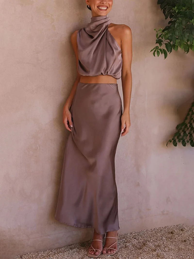 Elegant Such A Vibe High Neck Satin Drape Maxi Skirt Set