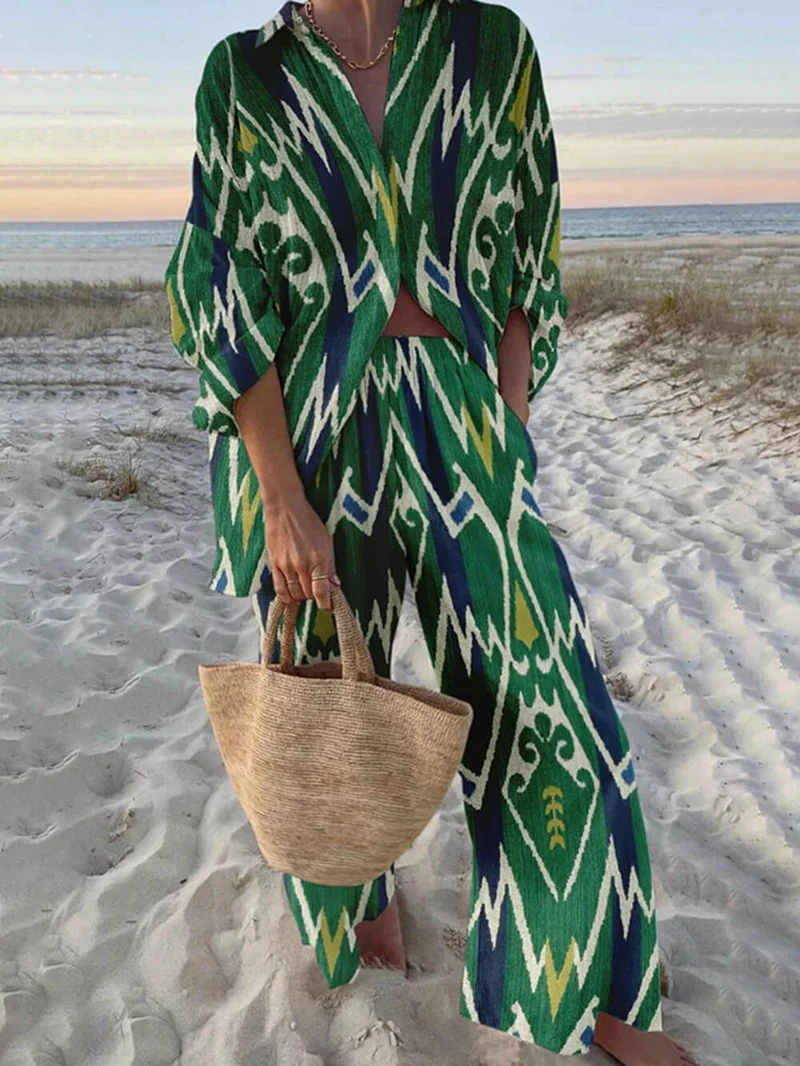Unique Ethnic Pattern Printed Long-Sleeved Shirt And Wide-Leg Pants Set