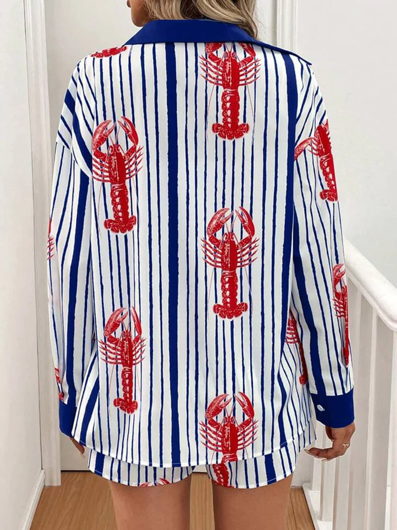 Classic Incredible Lobster Track Print Button Up Lace Up Shorts Set