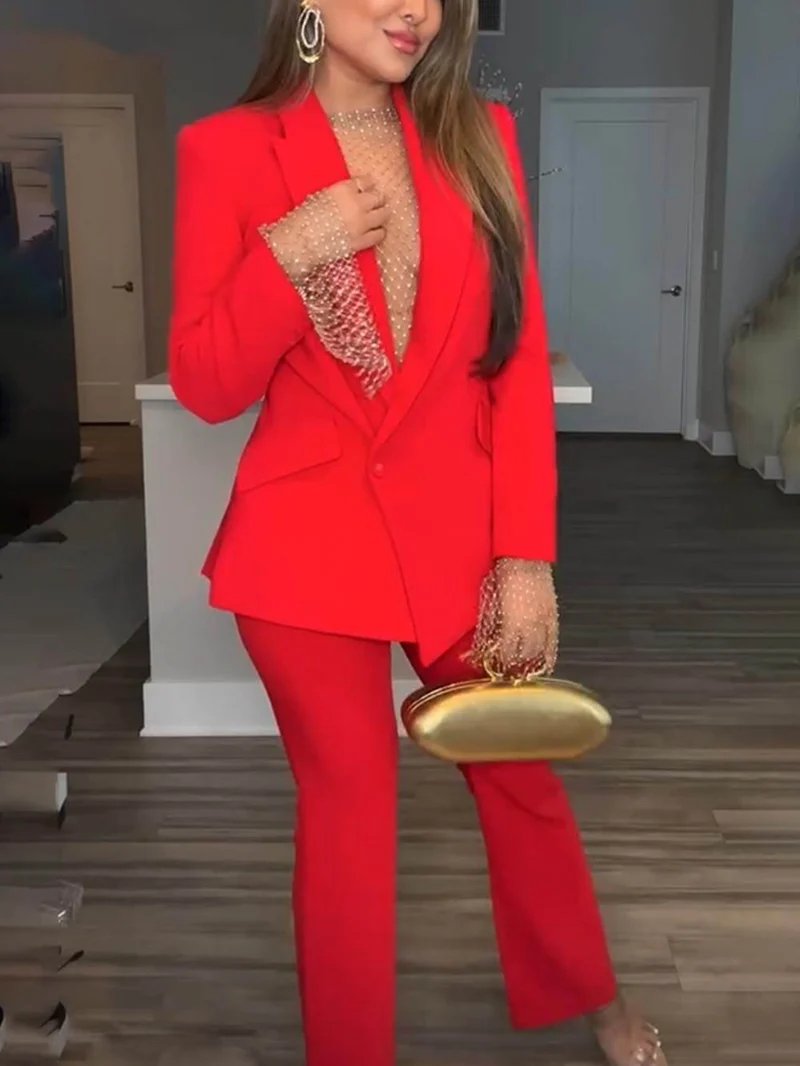Unique Single Button Lapel Blazer and Elastic Waist Pocketed Straight Suit Pants Set