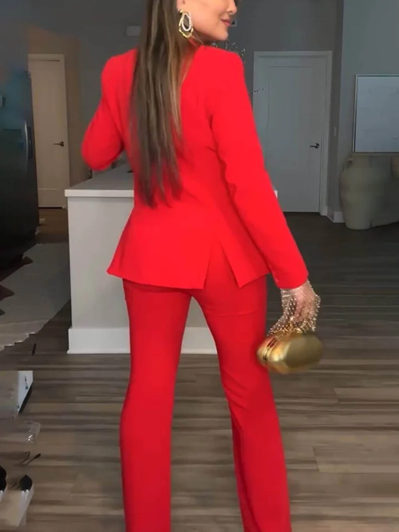 Unique Single Button Lapel Blazer and Elastic Waist Pocketed Straight Suit Pants Set