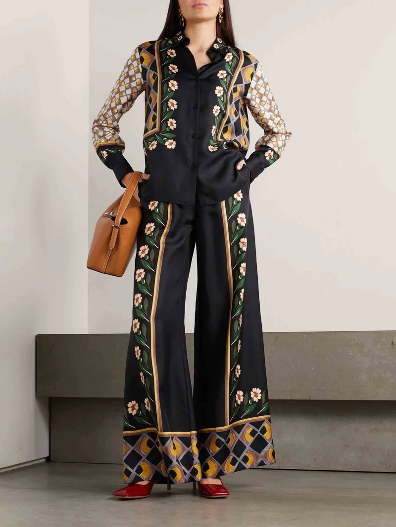 Unique Retro Print Tight Waist Wide Leg Pants