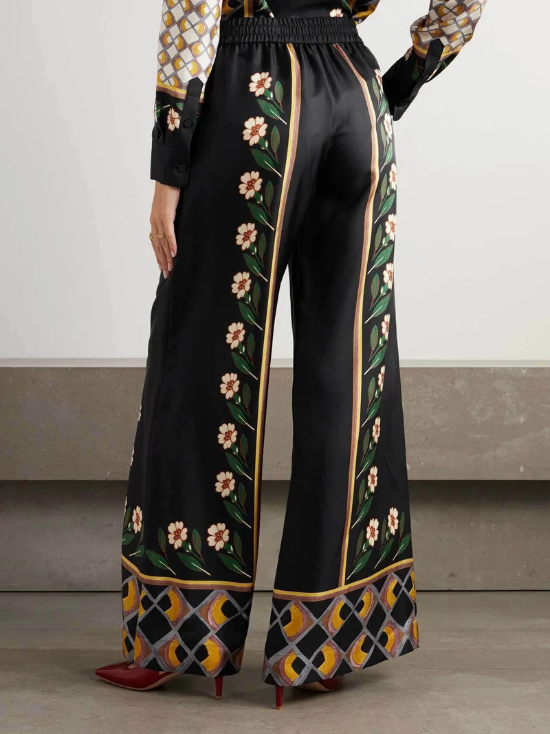 Unique Retro Print Tight Waist Wide Leg Pants