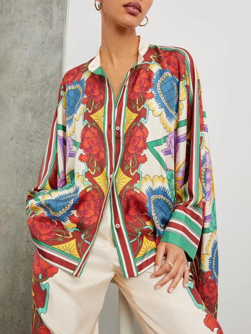 Exquisite Floral Print Single-breasted Ultra-loose Shirt