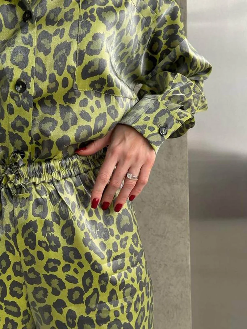Unique Leopard Print Long-sleeved Top and Loose Elastic Waist Tie Pants Set
