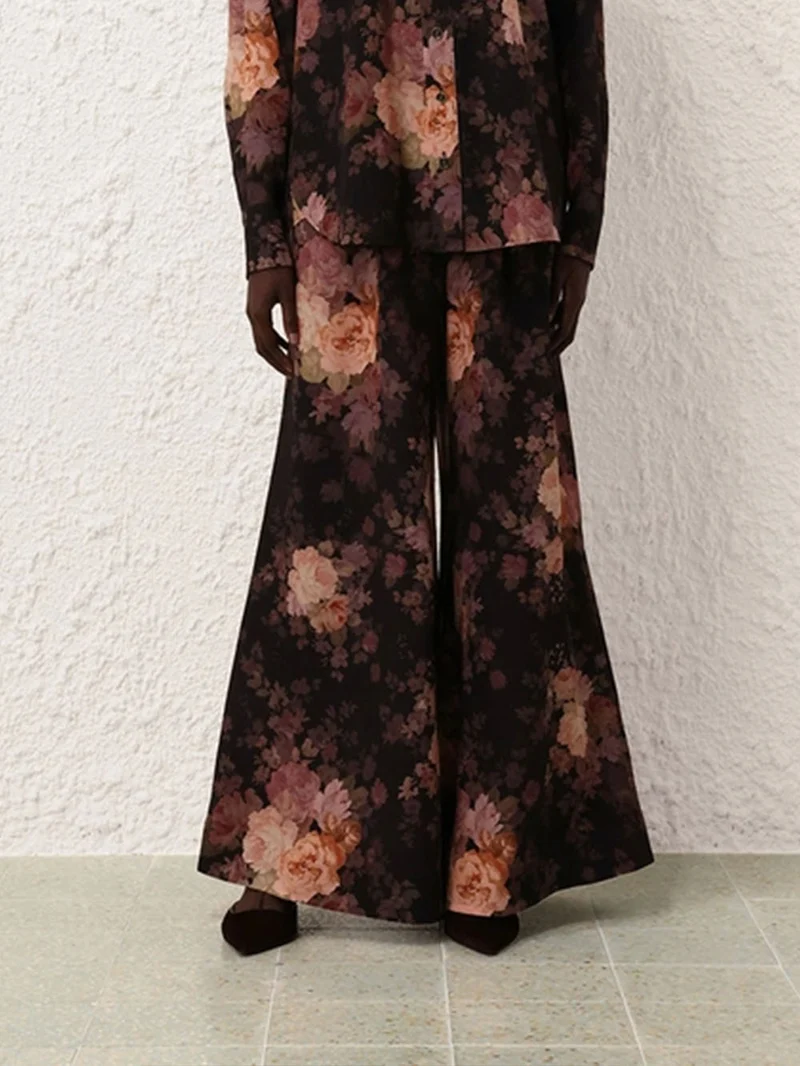 Illustration Print Pleated Wide-leg Pants