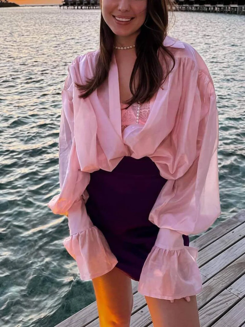 Sweet And Fresh Loose Lapel Lantern Sleeve Shirt