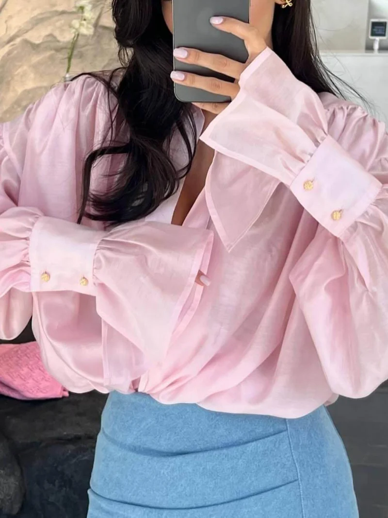 Sweet And Fresh Loose Lapel Lantern Sleeve Shirt