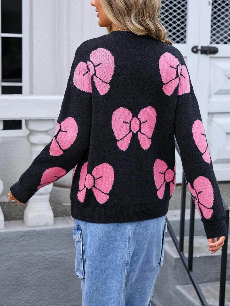Classic Fashionable Loose Round Neck Knitted Bow Sweater