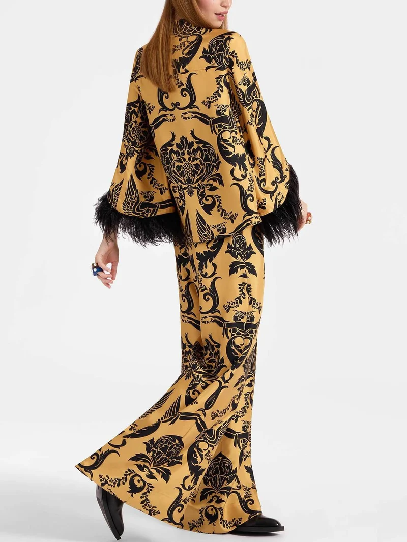 Ethnic Satin Print Pocket Wide-leg Pants