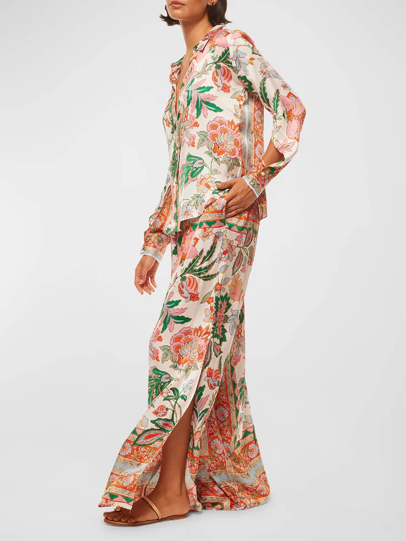 Unique Flower Print Slit Cuffs Wide Leg Pants