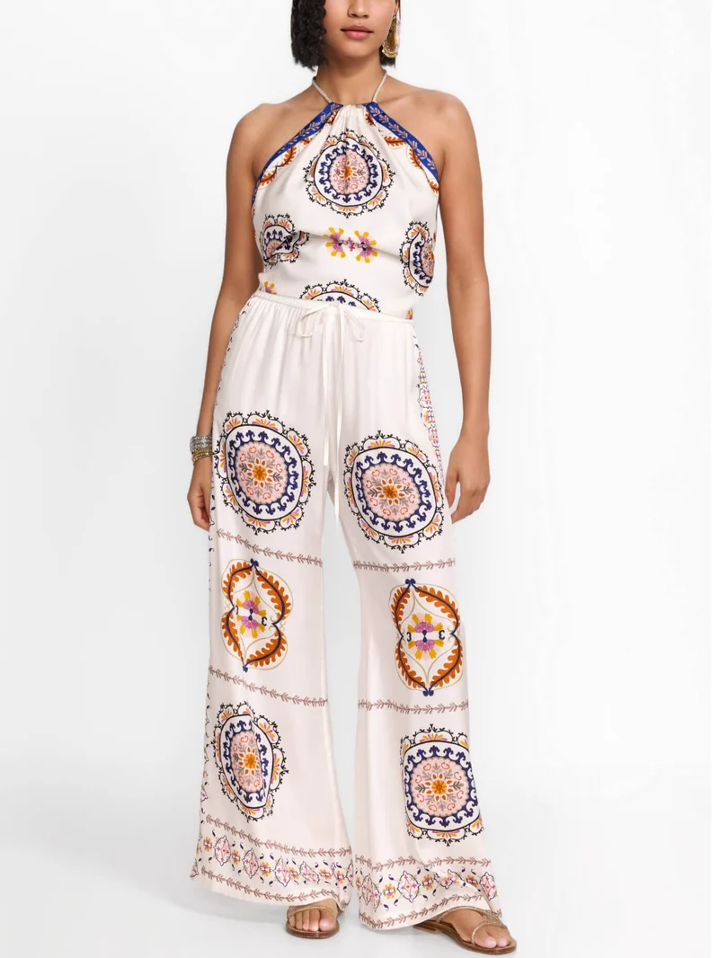 Modern Exquisite Satin Floral Print Loose Wide-Leg Pants