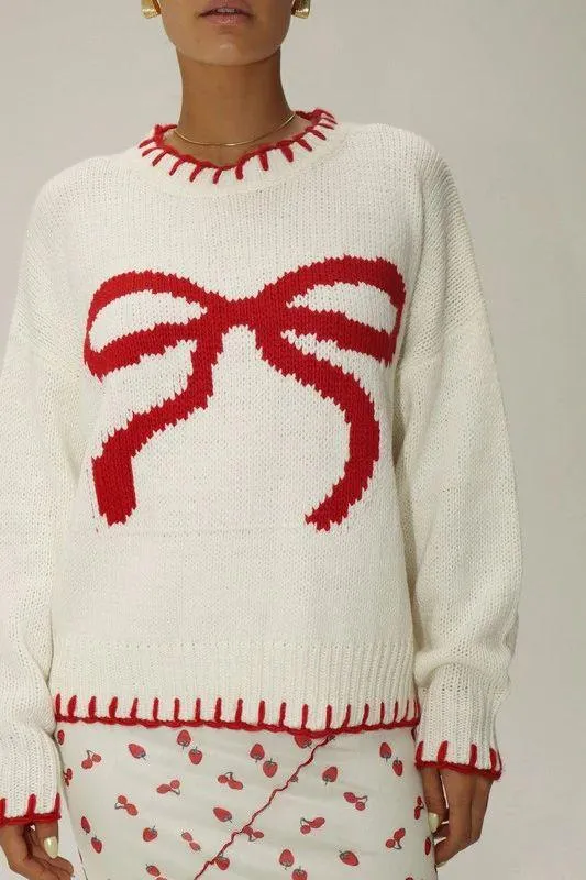 Bow Jacquard Loose Pullover Sweater