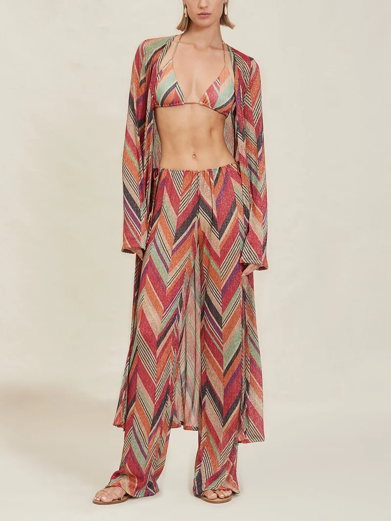 Seaside Vacation Geometric Print Side Tie Straight Pants