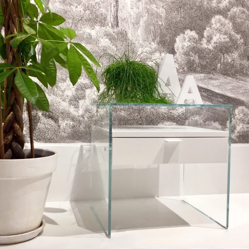 Table de Chevet Zen 5 Comodino | Verre trempé et tiroir bois